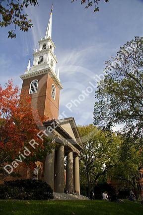 The Memorial Church located in Harvard Yard at Harvard University in Cambridge, Greater Boston, Massachusetts, USA.