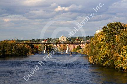 The Merrimack River and mill district of Manchester, New Hampshire, USA.