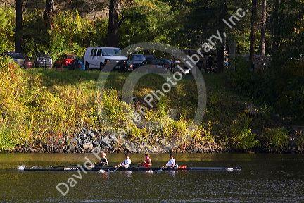 Rowing crew on the Connecticut River near the campus of Dartmouth College located in the town of Hanover, New Hampshire, USA.