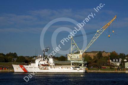 U.S. Coast Guard ship at the Portsmouth Naval Shipyard located on the Piscataqua River at Kittery, Maine, USA.