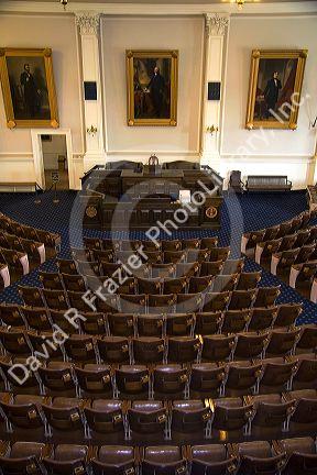 The New Hampshire House Chamber inside the State House at Concord, New Hampshire, USA.