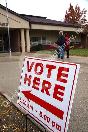 Vote here sign at a polling station in Boise, Idaho, USA.