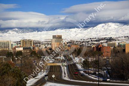 Snow covered foothills and downtown Boise, Idaho, USA.
