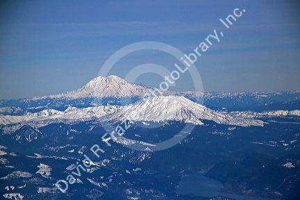 Aerial view of Mount Rainier and Mount St. Helens in Washington, USA.