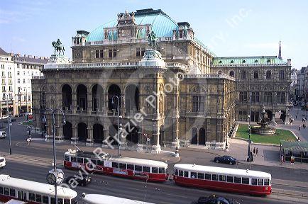 A tram outside the Vienna Opera House in Austria.