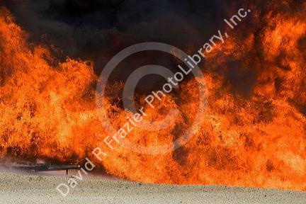 Jet fuel fire at an airport firefigher training facility in Boise, Idaho, USA.