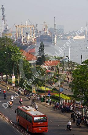 Activity on the Saigon River on a hazy, smoggy morning in Ho Chi Minh City, Vietnam.
