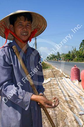 Vietnamese farmers drying peanuts along side the road in the Cu Chi district of Ho Chi Minh City, Vietnam.