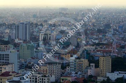 Cityscape views of a smoggy Ho Chi Minh City from atop the Saigon Trade Center skyscraper, Vietnam.