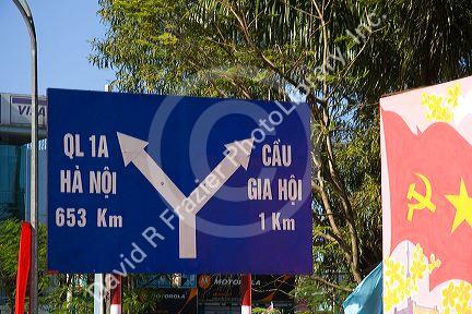 Traffic direction road sign in Hue, Vietnam.