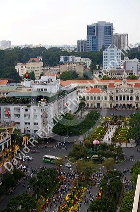 View of Hguyen Hue with flower displays in celebration of Tet Lunar New Year in Ho Chi Minh City, Vietnam.