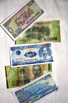 Assorted Vietnamese dong currency in Ho Chi Minh City, Vietnam.