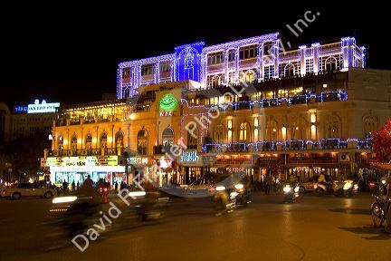 Night street scene during Tet in the historical center of Hanoi, Vietnam.
