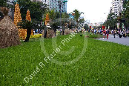 Rice paddie landscaping is part of the Tet Lunar New Year celebration in Ho Chi Minh City, Vietnam.