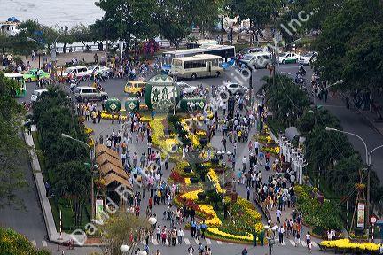 View of Hguyen Hue with flower displays in celebration of Tet Lunar New Year in Ho Chi Minh City, Vietnam.
