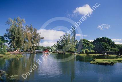 Liliuokalani gardens and lagoon in Hilo, Hawaii.