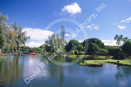 Liliuokalani gardens and lagoon in Hilo, Hawaii.