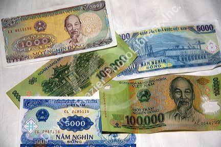 Assorted Vietnamese dong currency in Ho Chi Minh City, Vietnam.