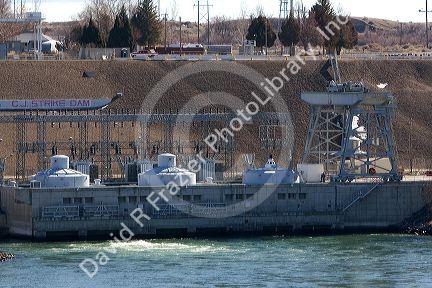 C.J. Strike Dam turbines generating electricity on the Snake River near Grand View, Idaho, USA.