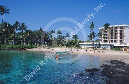 Hotel and lagoon in Kona, Hawaii at the King Kamehameha Hotel.