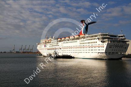 Carnival Paradise cruise ship docked at Long Beach, California, USA.