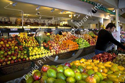 Produce being sold inside the Farmers Market in Hollywood, Los Angeles, California, USA.