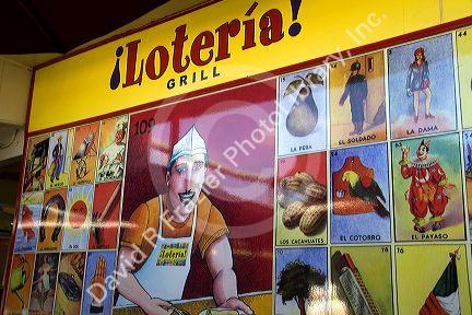 Sign for Loteria Grill inside the Farmers Market in Hollywood, Los Angeles, California, USA.