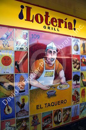 Sign for Loteria Grill inside the Farmers Market in Hollywood, Los Angeles, California, USA.