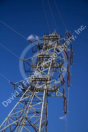 Transmission power lines at the Hoover Dam on the state borders of Arizona and Nevada, USA.