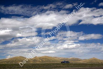 Automobiles traveling along Interstate 80 in Carbon County, Wyoming, USA.