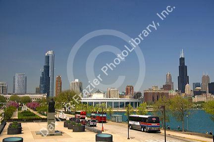 Shedd Aquarium and city  skyline located in Chicago, Illinois, USA.