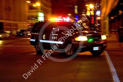 Chicago Fire Department command vehicle in motion, Chicago, Illinois, USA.