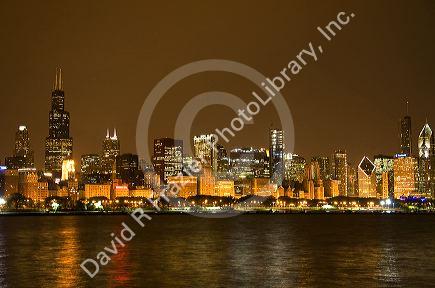 Chicago skyline at night, Illinois, USA.