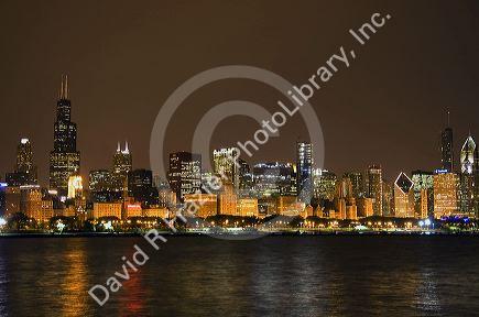 Chicago skyline at night, Illinois, USA.