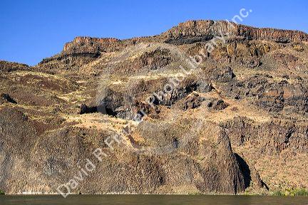 Rock formations along the Snake River near Swan Falls Dam in Ada County, Idaho, USA.