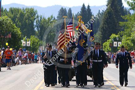 United States military veteran Color Guard on parade during 4th of July festivities in Cascade, Idaho, USA.
