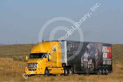 Truck hauling freight on Interstate 84 near Boise, Idaho, USA.