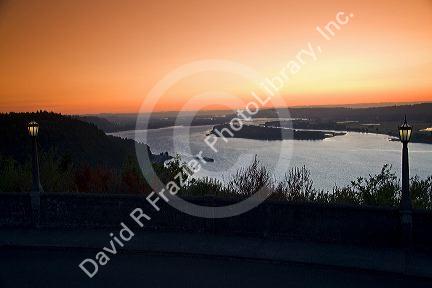 Scenic view from Crown Point of sunset on the Columbia River Gorge, Oregon, USA.