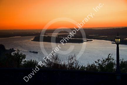 Scenic view from Crown Point of sunset on the Columbia River Gorge, Oregon, USA.