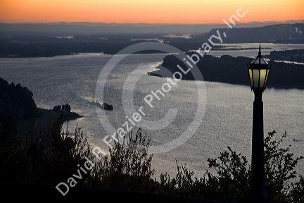 Scenic view from Crown Point of sunset on the Columbia River Gorge, Oregon, USA.