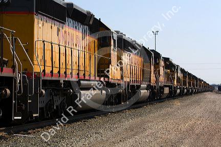 Hundreds of Union Pacific locomotive engines being stored at a rail yard in Nampa, Idaho, USA.