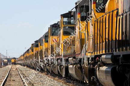 Hundreds of Union Pacific locomotive engines being stored at a rail yard in Nampa, Idaho, USA.