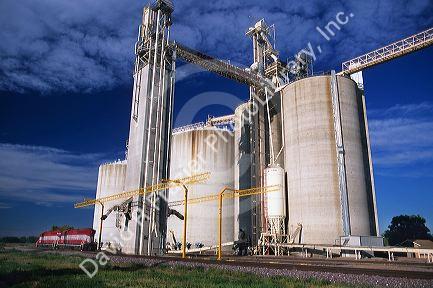 A grain elevator and locomotiove in Hinton, Iowa.