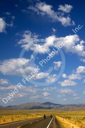 Motorcycling along US Highway 20 near Arco, Idaho, USA.