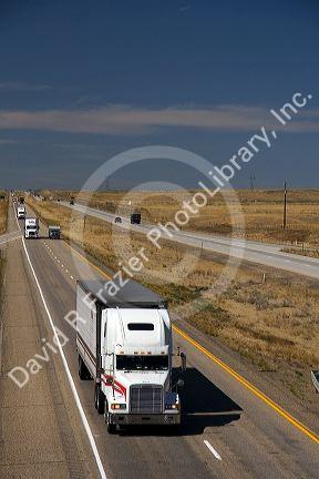 Commercial transport truck traveling on Interstate 84 near Boise, Idaho, USA.