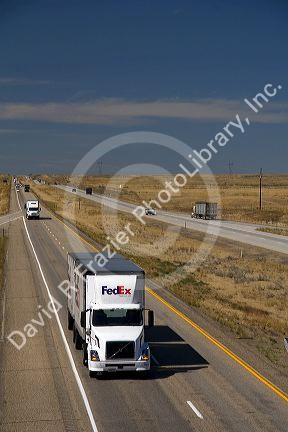 Commercial transport truck traveling on Interstate 84 near Boise, Idaho, USA.