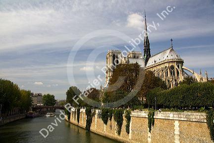 Notre Dame de Paris located along the Seine River in Paris, France.