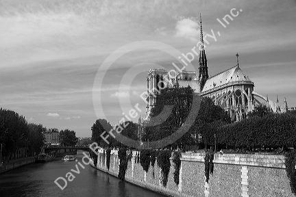Notre Dame de Paris located along the Seine River in Paris, France.