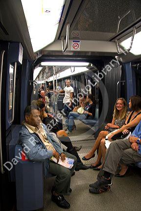 Passengers ride on the Paris Metro in Paris, France.