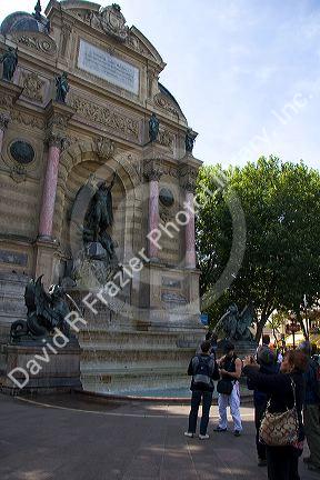 The Fontaine Saint-Michel located in the Place Saint-Michel, Paris, France.